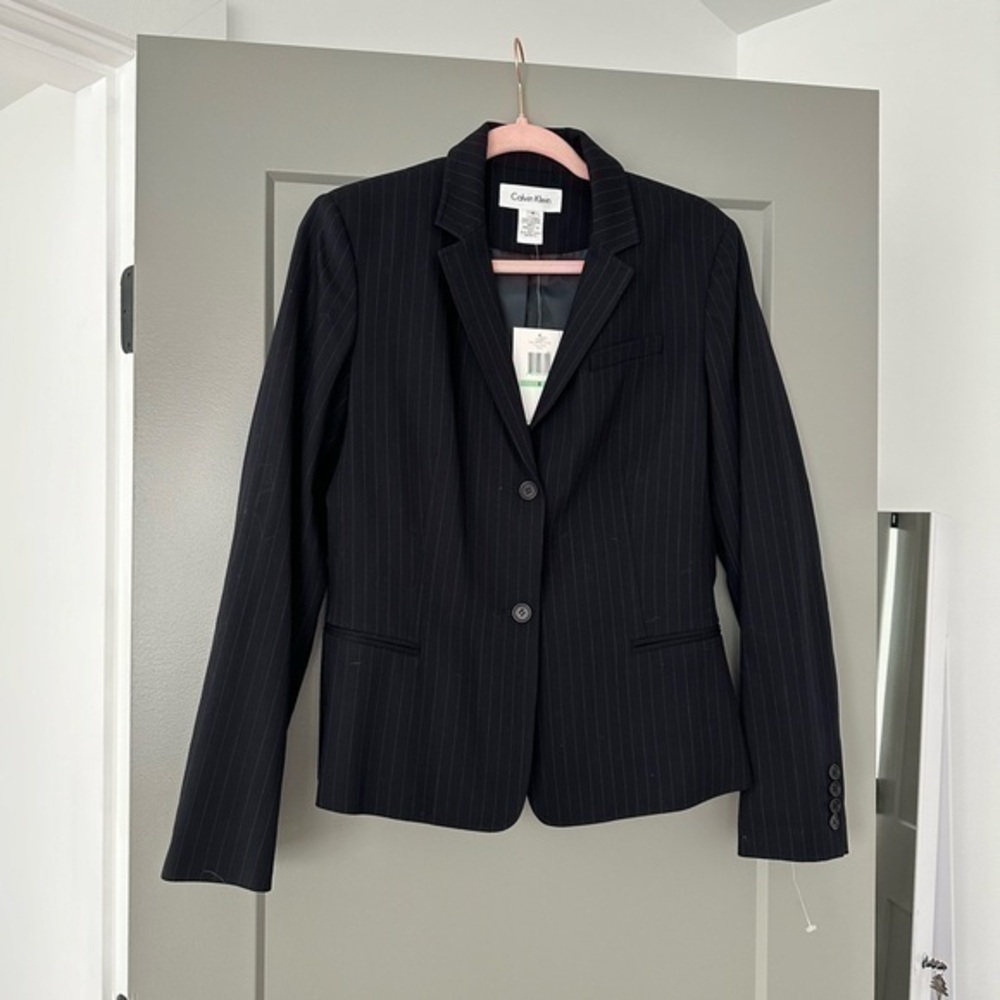NWT Calvin Klein $248 Navy Striped Blazer Women Size 8 deadstock unique 94% Wool
